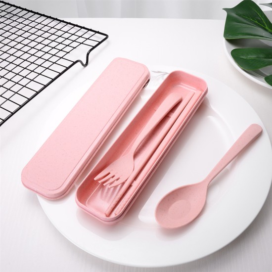 Cross -border Creative Wheat Straw Tableware Set Kitchen Chopsticks Fork Spoon Three -Piece Chopstick Fork Travel Box